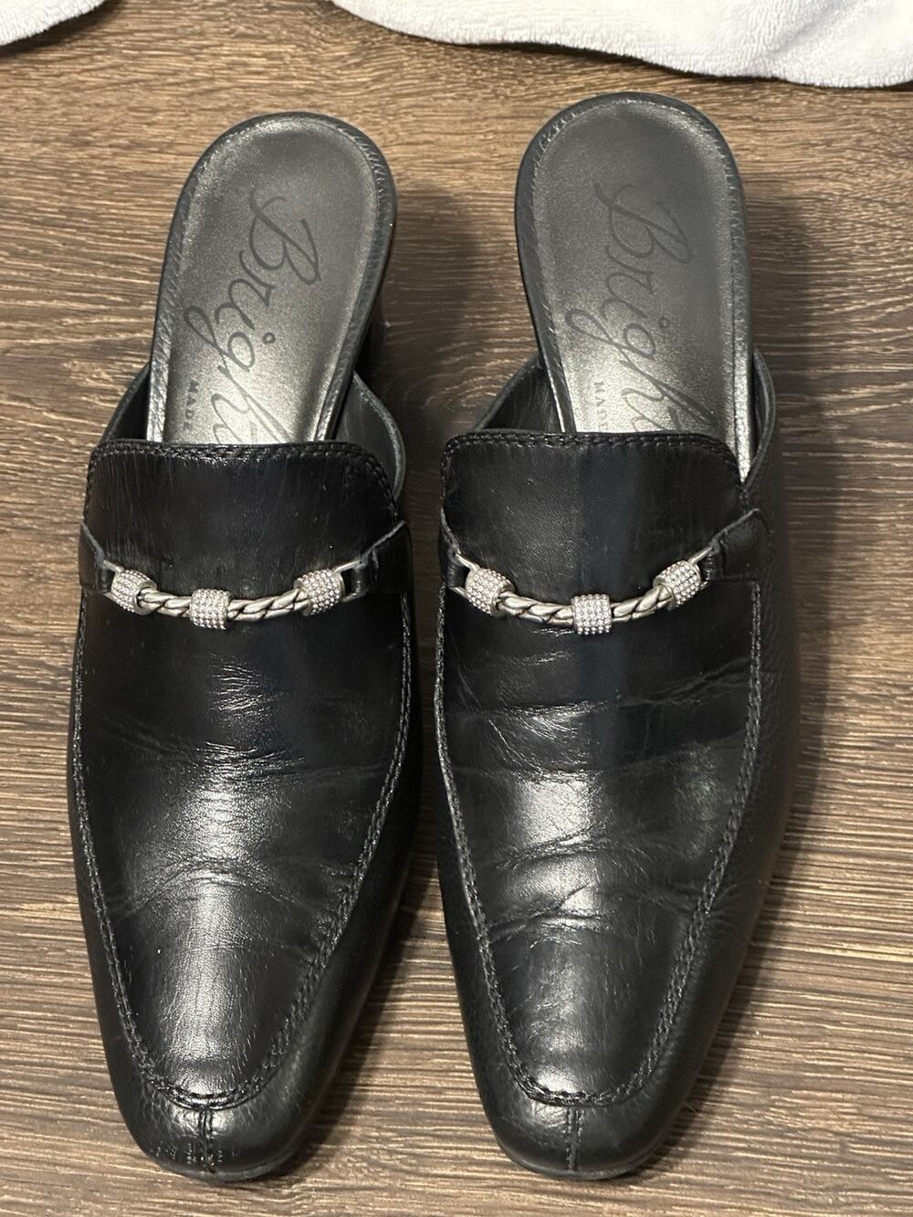 Brighton Teah Womens 8M Black Textured Leather Silver Beaded Chain Mules Italy